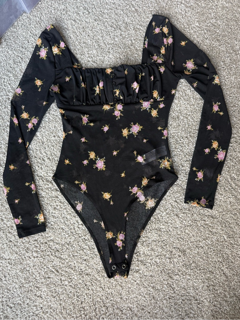 Black Floral Long-Sleeve Girls Bodysuit with Pink & Cream Flowers